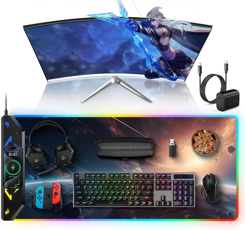TopMade Wireless Charging Mouse Pad, RGB Gaming Mousepad, 35.4" x 15.8" Extra Large Waterproof Keyboard Desk Pad, Computer Desk Mat, Cosmic Planet (Includes 20W PD Power Adapter & 6.56ft Woven Cable) - Image 1
